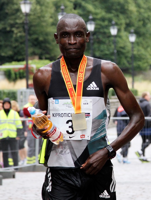 Kenyan Kiprotich Kirui reacts after the Tallinn Marathron 2017 in Tallinn, Estonia, on Sept. 10, 2017. Photo Xinhua.