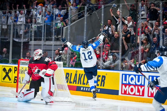 Marko Anttila (C) of Finland celebrates after scoring a goal during the 2019 IIHF Ice Hockey World Championship Slovakia final between Canada and Finland at Ondrej Nepela Arena in Bratislava, Slovakia on May 26, 2019. Photo Xinhua/Pawel Andrachiewicz.