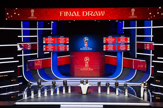 The result of the draw is shown on the screen during the Final Draw of the FIFA World Cup 2018 at the Kremlin Palace in Moscow, capital of Russia, Dec. 1, 2017. File Photo Xinhua.