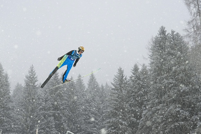 Ilkka Herola of Finland competes during the ski jumping trial round of the Nordic combined team sprint at the 2026 Milan-Cortina Winter Olympics in Predazzo, Italy, Feb. 19, 2026. Photo: Xinhua by Meng Yongmin.