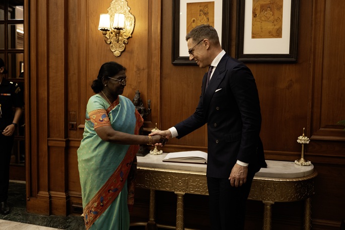 President Alexander Stubb held a meeting with his Indian counterpart Droupadi Murmu in New Delhi, India on Thursday. Photo: President Office by Mari-Kaisa Brander.