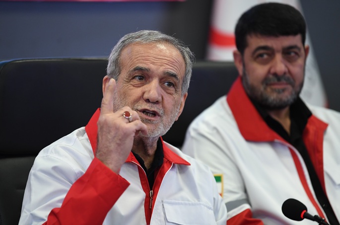 Iranian President Masoud Pezeshkian speaks during his visit to the headquarters of Iran's Red Crescent Society (IRCS) in Tehran, Iran, April 15, 2026. File Photo: Xinhua/Shadati.