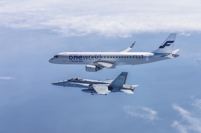 Fighter jets escorted the aircraft bearing Finnish Ice Hockey Team. Photo: Finnish Air Force.
